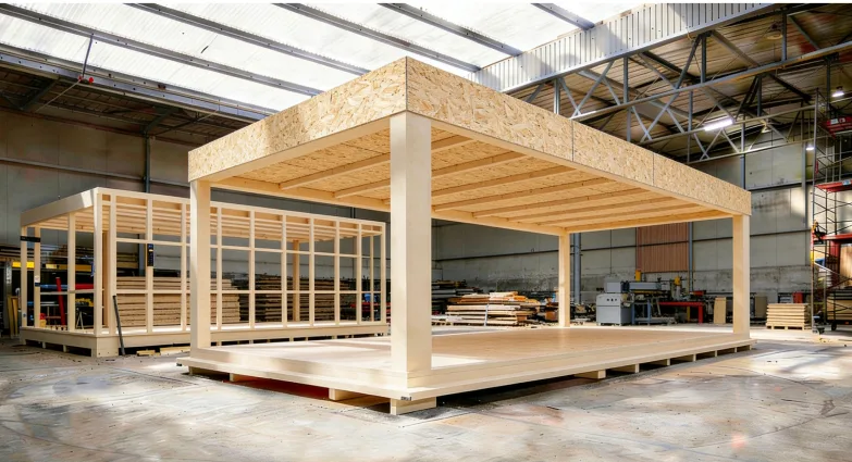 KI-generierte Visualisierung: Holz-Modulrahmen in einer Fertigungshalle