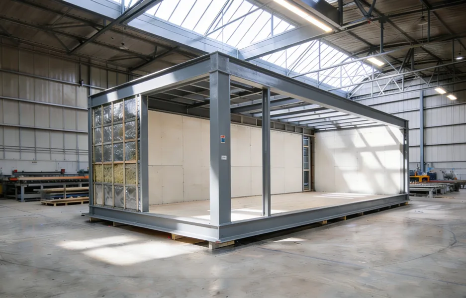 KI-generierte Visualisierung: Innenausbau eines Moduls in der Halle