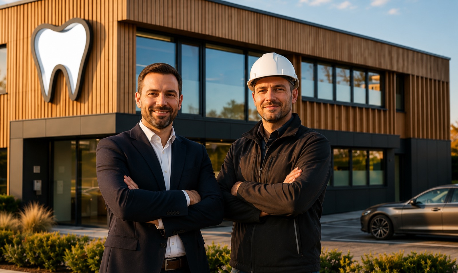 KI-generierte Visualisierung: Übergabe einer Medrohaus-Zahnarztpraxis in Modulbauweise